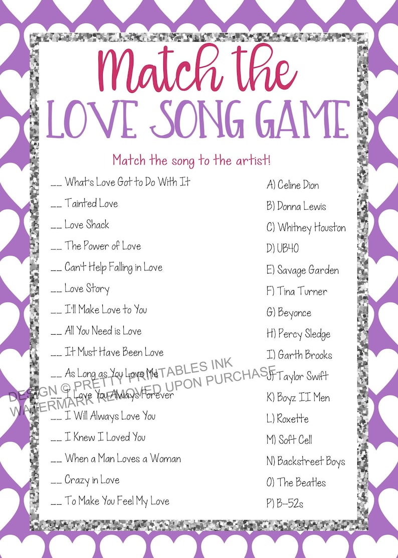 Printable Valentine's Day game, Valentine's Party Game, Match the Love Song Game, Valentine's Day Printable Game, Galentine's Game image 1