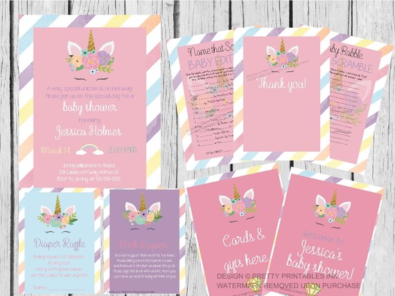Printable unicorn baby shower invitation, unicorn shower bundle, unicorn baby shower, girl baby shower bundle, girl baby shower invitation Il_570xn