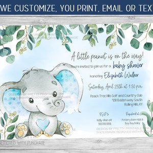 Blue elephant baby shower invitation for a boy baby shower featuring greenery eucalyptus and watercolor blue elephant.