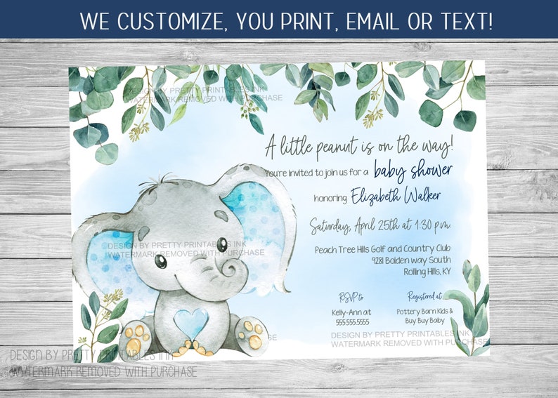 Blue elephant baby shower invitation for a boy baby shower featuring greenery eucalyptus and watercolor blue elephant.