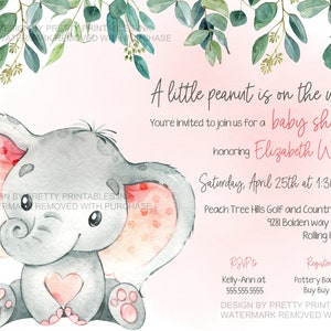 Watercolor pink elephant baby shower invitation for a girl baby shower. Features elephant with pink ears, eucalyptus and greenery imagery along the top and says a little peanut is on the way followed by custom baby shower details.