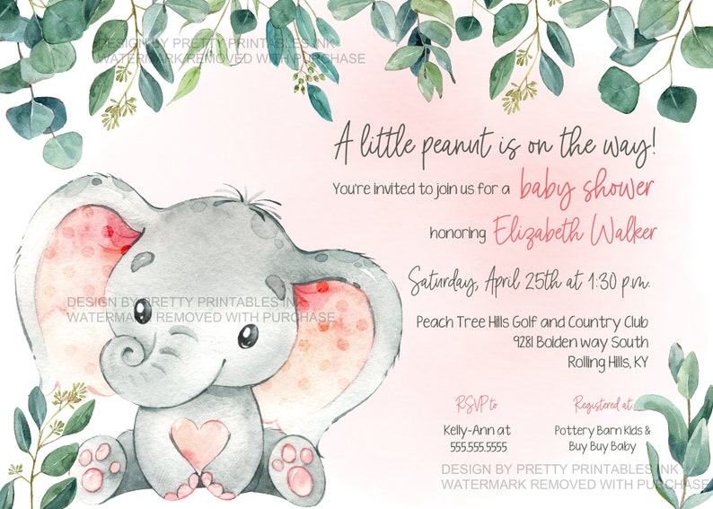Watercolor pink elephant baby shower invitation for a girl baby shower. Features elephant with pink ears, eucalyptus and greenery imagery along the top and says a little peanut is on the way followed by custom baby shower details.