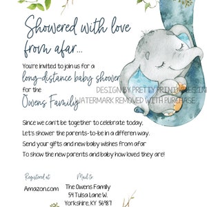 Boy baby shower by mail invitation featuring a blue elephant hanging onto mama's trunk and greenery along the top and bottom of invite.