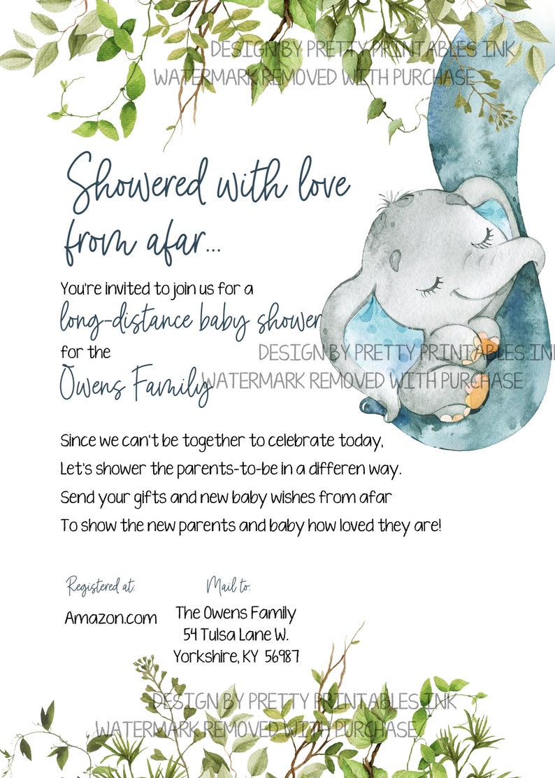 Boy baby shower by mail invitation featuring a blue elephant hanging onto mama's trunk and greenery along the top and bottom of invite.