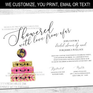 Faire-part de fête nuptiale par la poste | Faire-part douche longue distance par courrier | Invitation nuptiale de douche de voyage | Faire-part nuptiale virtuel