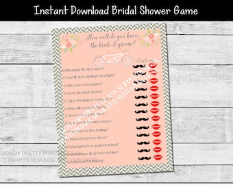 Printable bridal shower game, couples shower game, bride and groom game, bride and groom quiz, rustic bridal shower game, couples quiz game