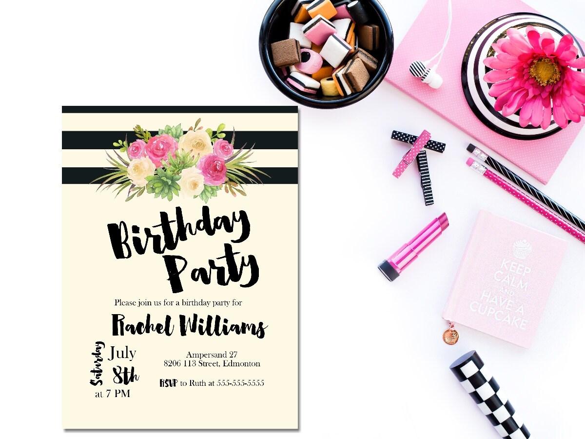 Printable female birthday invitation / watercolor flower | Etsy