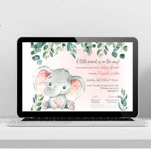 Pink elephant baby shower invitation shown on a laptop on top of a white desk so you can see what the invitation looks like when sent as an e-vite