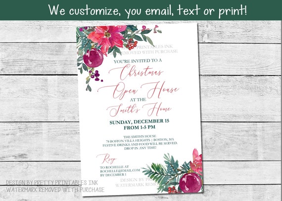 Printable Christmas Open House Invitation Customized, Digital Christmas Invitation, Poinsettia Christmas Invite, Floral Christmas Invite Il_570xn