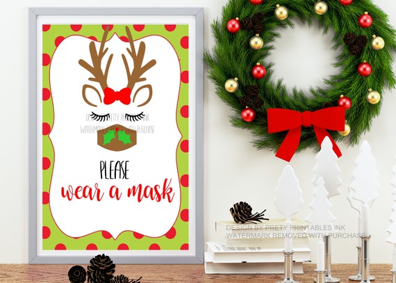 Christmas Wear a Mask Sign Printable | Please Wear a Mask Sign | Christmas Social Distance Sign | Christmas Mask Sign | Reindeer Mask Sign Il_570xn