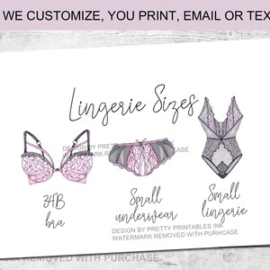 Lingerie Shower Size Card | Lingerie Size Insert | Bride&#39;s Measurements Card | Pink Lingerie Shower Insert | Bra and Panty Size Card