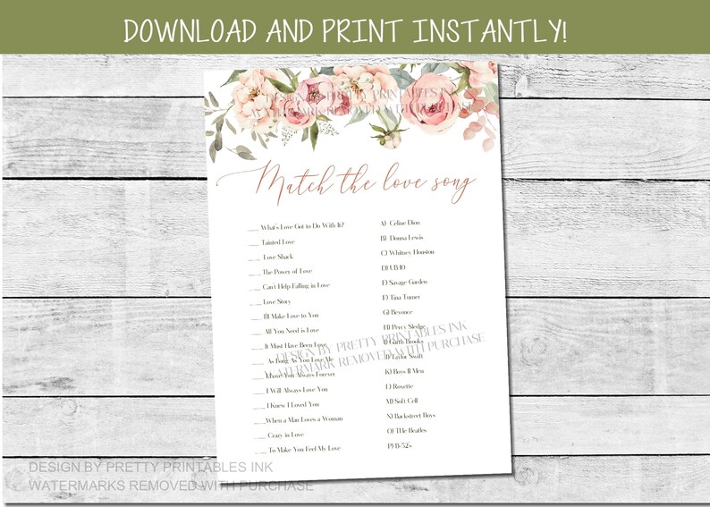 Love Song Game Printable Match the Love Song Game Instant - Etsy