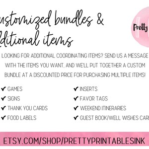 K&ouml;nnte beinhalten: Eine rosa und wei&szlig;e Grafik mit dem Text "Customized bundles & additional items" und "Pretty Printables". Die Grafik listet verschiedene druckbare Artikel f&uuml;r Veranstaltungen auf, wie z. B. Spiele, Schilder, Dankeskarten, Lebensmitteletiketten, Einlagen, Geschenkanh&auml;nger, Wochenend-Reisepl&auml;ne und G&auml;stebuch-/Gl&uuml;ckwunschkarten. Die Grafik enth&auml;lt auch den Text "ETSY.COM/SHOP/PRETTYPRINTABLESINK".