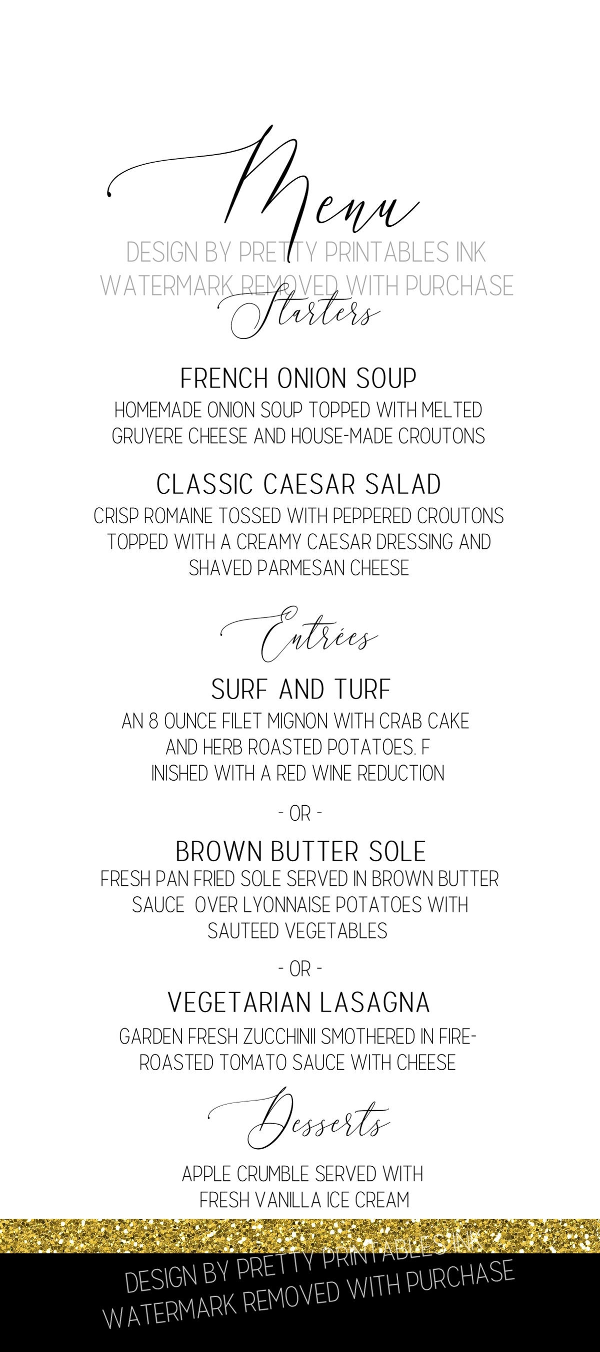 Printable bridal shower menu bridal shower menu card elegant Etsy