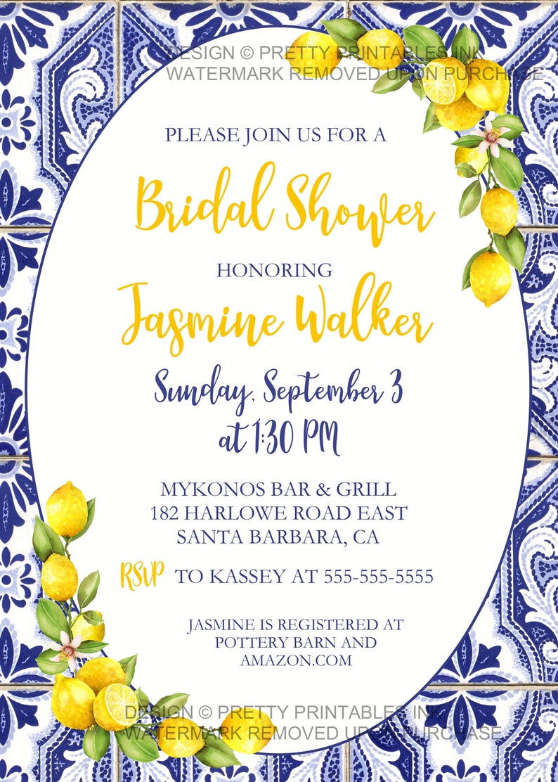 main squeeze invite lemon bridal shower invitation Printable lemon and chinoiserie print bridal shower citrus bridal shower invite