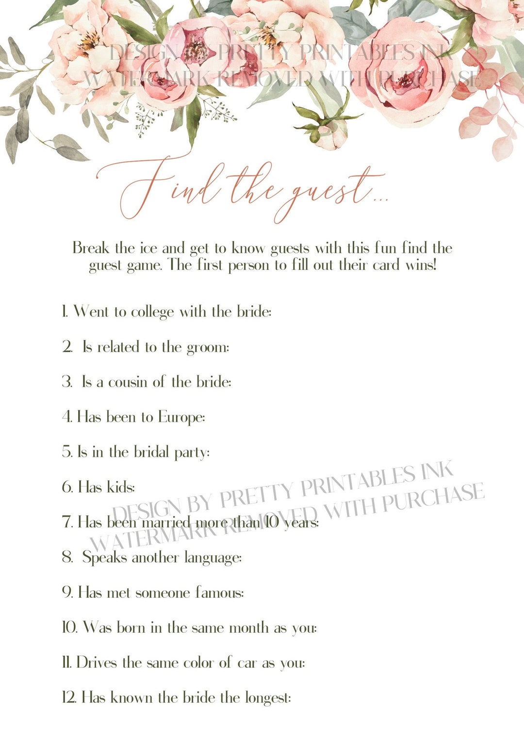 Find the Guest Bridal Shower Game Instant Download Wedding Shower Game Printable Pink Floral