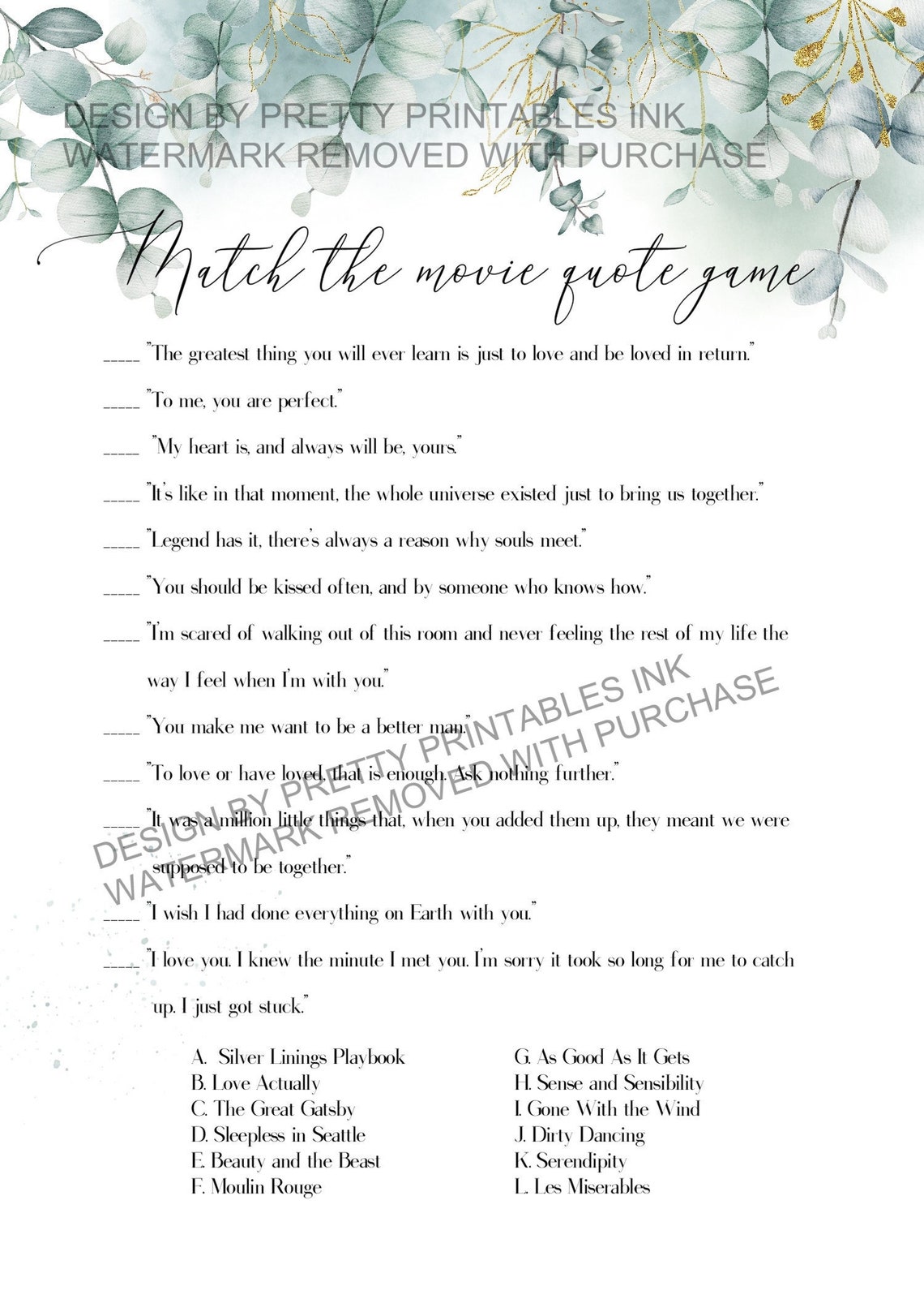 Printable Movie Love Quotes Game Bridal Shower Game Greenery Etsy