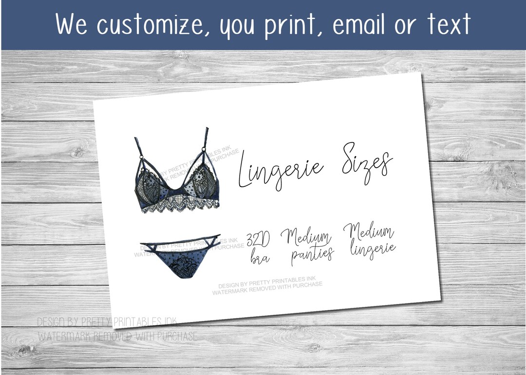 Lingerie Size Card Printable Lingerie Size Insert Bride's Measurements ...