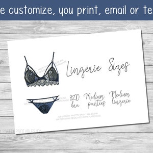 Lingerie Size Card Printable Lingerie Size Insert Bride's Measurements Card Bra and Panty Size Card Lingerie Shower Insert image 1