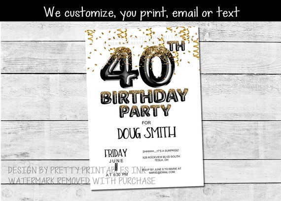 40th birthday party invitation, printable 40th birthday invitation, black and gold birthday invitation, adult birthday invitation Il_570xn