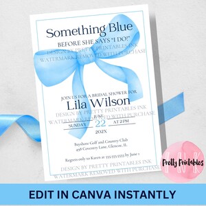 Something Blue Bridal Shower Invitation: Coquette Bow Template (Edit in Canva)