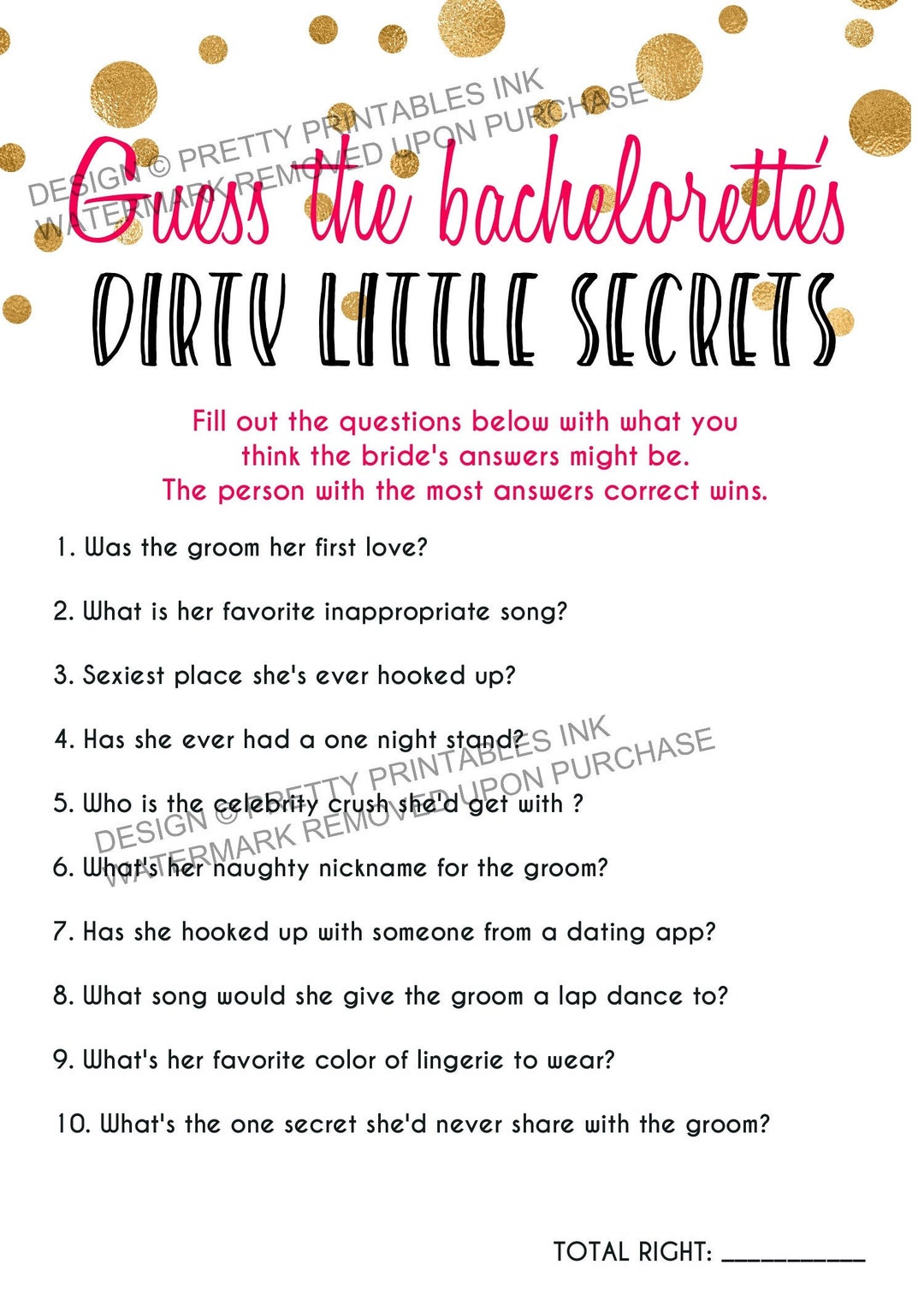 INSTANT DOWNLOAD Bachelorette Game, Bachelorette's Dirty Secrets Game