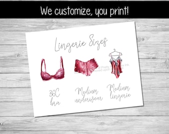 Printable lingerie size card | Lingerie Size Insert | Bride's Measurements Card | Lingerie Shower Insert | Bra and Panty Size Card