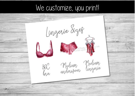 Printable lingerie size card | Lingerie Size Insert | Bride's Measurements Card | Lingerie Shower Insert | Bra and Panty Size Card Il_570xn