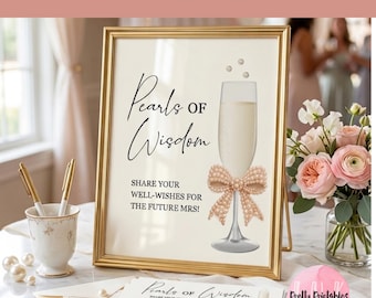 Pearls of Wisdom bord met huwelijksadvies en kaarten voor vrijgezellenfeest - direct downloaden