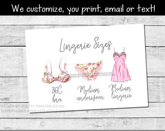 Pink lingerie size card printable, lingerie size insert, bride&#39;s measurements card, lingerie shower insert, floral bra and panty size card
