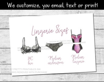 Lingerie Size Card Printable | Lingerie size insert | Bride's measurements card | Lingerie shower insert | Bra and panty size card