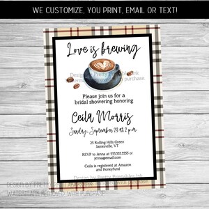 Love brewing bridal shower invitation with latte with a foam heart and beige, black and red plaid background.