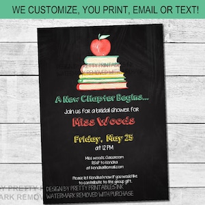 Teacher bridal shower invitation with chalkboard background and an apple on top of a stack of books.