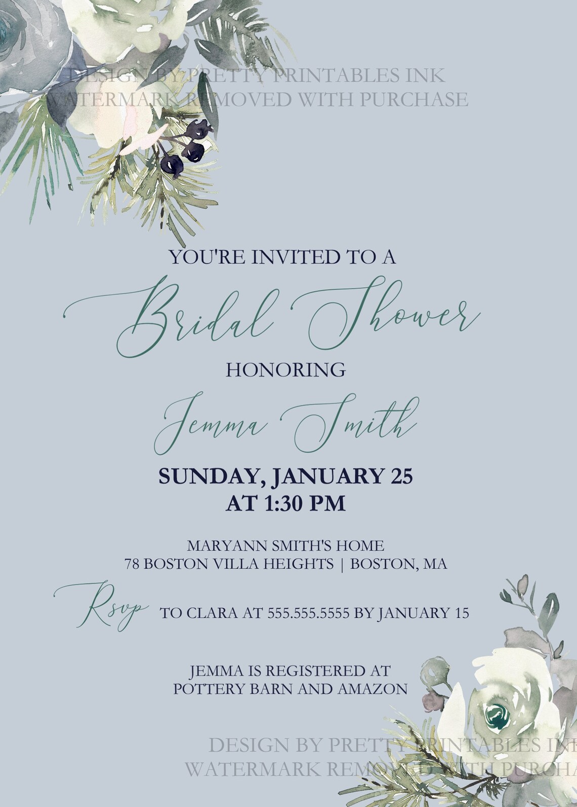 Winter Bridal Shower Invitation Printable Winter Floral - Etsy