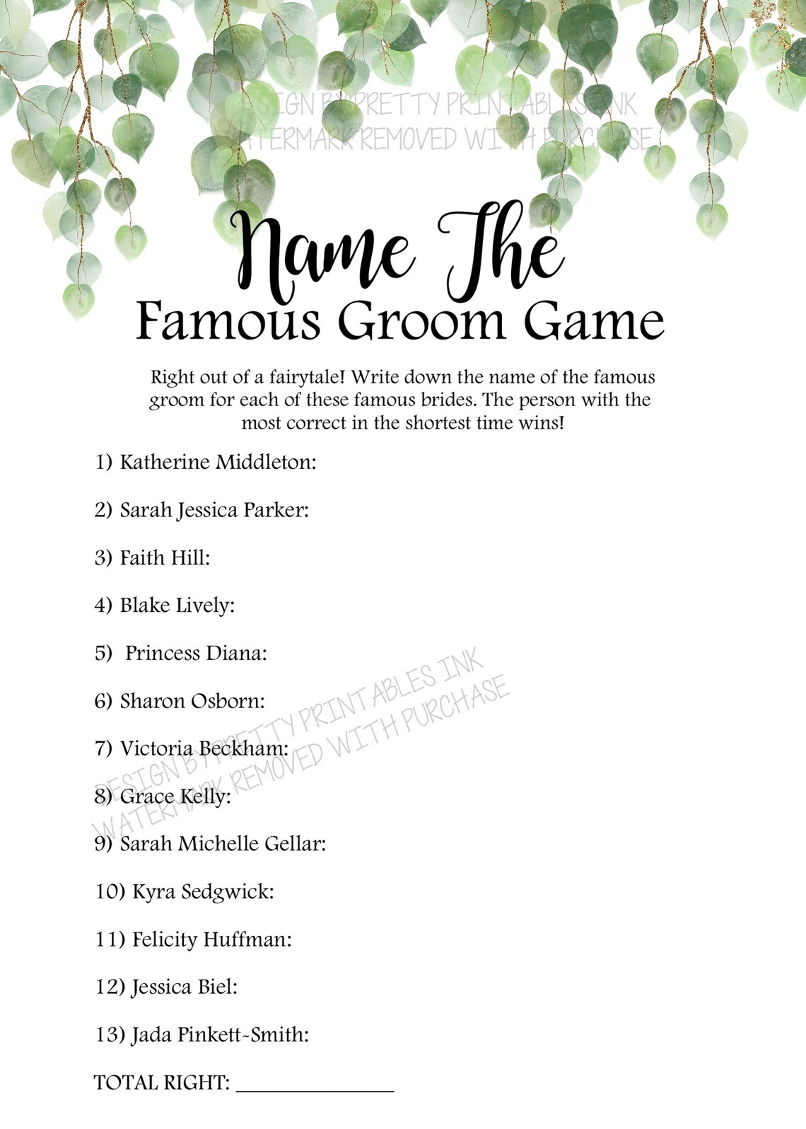Bridal Shower Game Printable Celebrity Couples Quiz Greenery Etsy Canada