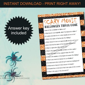 Printable Halloween Game:  Scary Movie Trivia Activity for Adult Party (Digital Download, PDF)