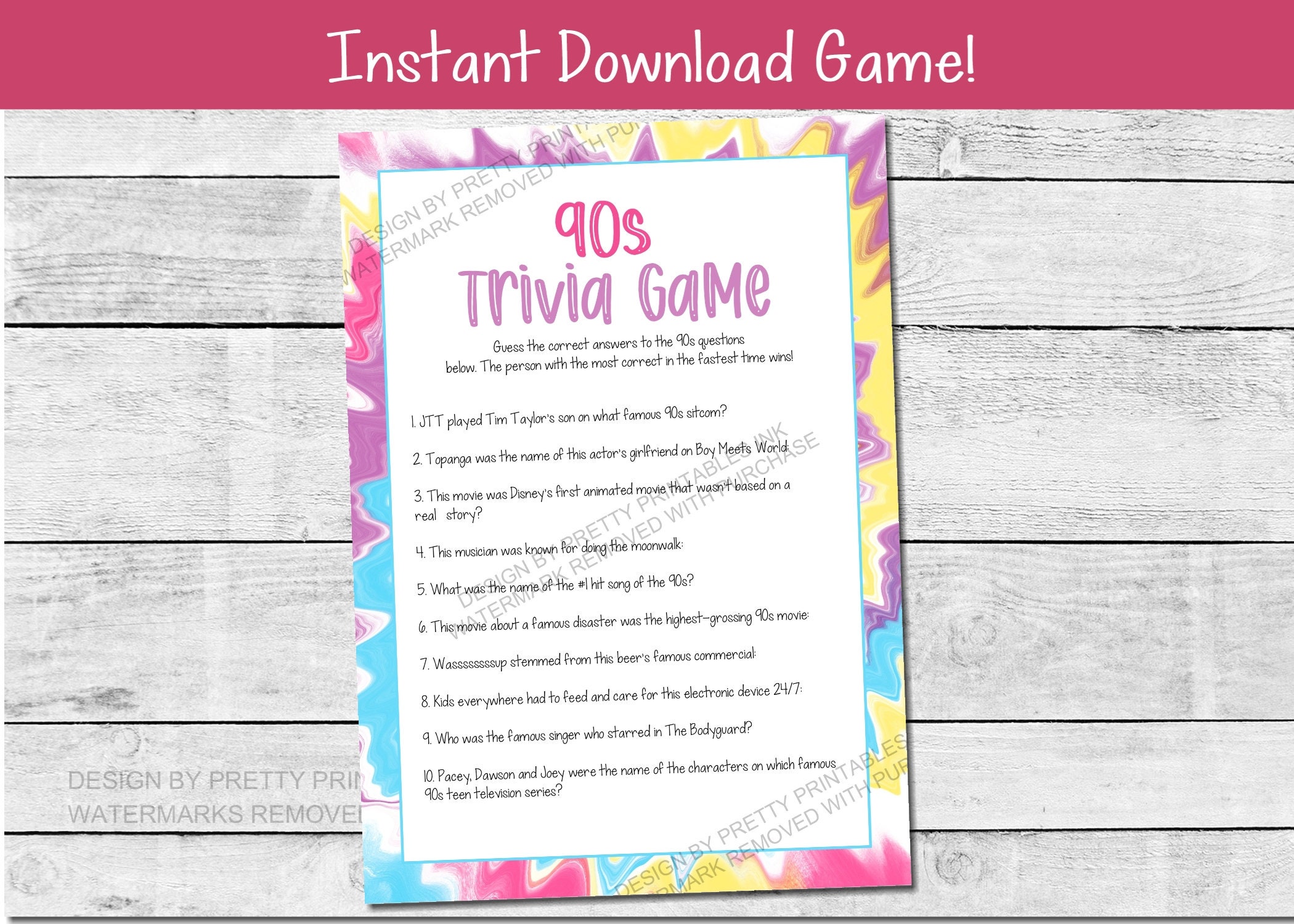 90s Trivia Game Instant Download 90s Party Game Girls Etsy