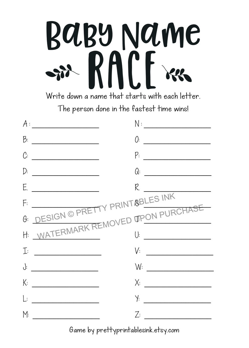 Baby Name Race Game Baby Shower Game Printable Instant - Etsy