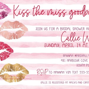 Kiss the Miss Goodbye Bridal Shower Invitation (printable), Kiss the ...