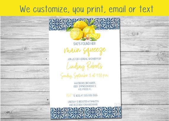 Lemon Bridal Shower Invitation Printable | She Found Her Main Squeeze Invitation | Lemon Bridal Shower Invite | Mediterranean Shower Invite Il_570xn