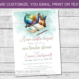 New teacher shower invitation, new teacher grad party invite, a new chapter begins invite, classroom shower invitation