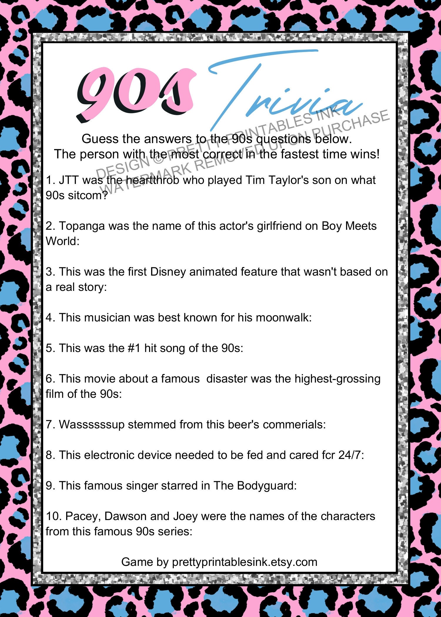 Girls Night Game 90s Trivia Game Printable Girls Night in - Etsy Schweiz
