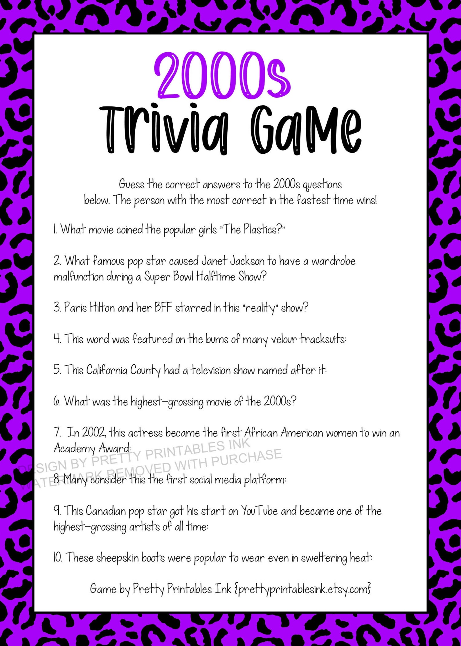 Girls Night in Game '00s Trivia Game Printable 2000s Etsy Canada