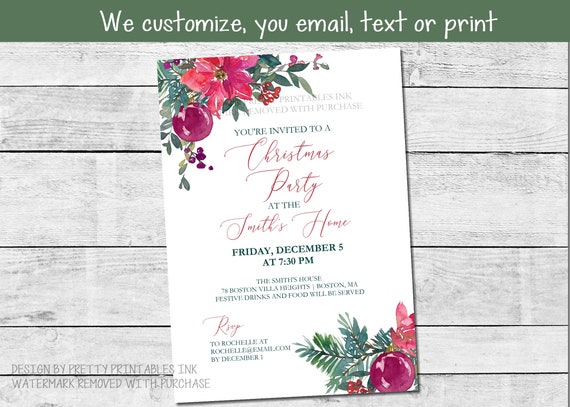 Printable Christmas Party Invitation Customized, Digital Christmas Party Invitation, Poinsettia Christmas Invite, Floral Christmas Invite Il_570xn