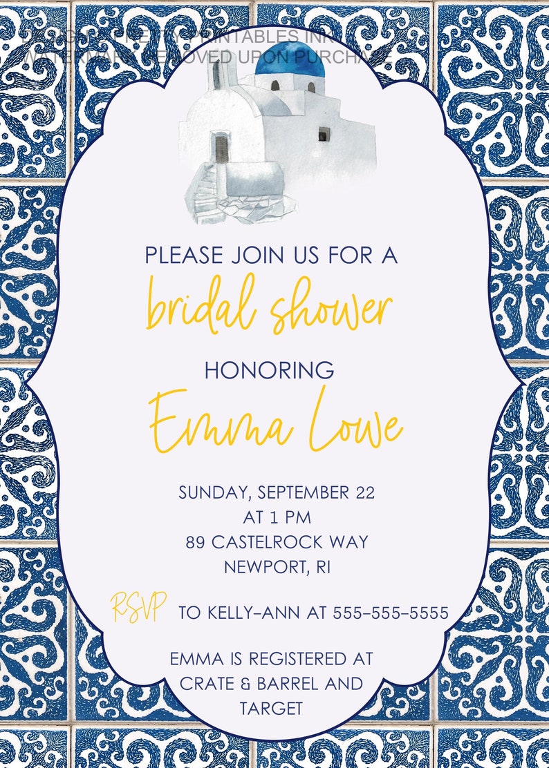 Printable Greek bridal shower invitation blue tile bridal Etsy