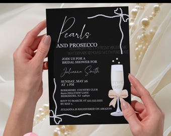 Parels en prosecco bruids doucheuitnodiging, Black Coquette Pearl Bow Bubbly Brunch (digitale download)