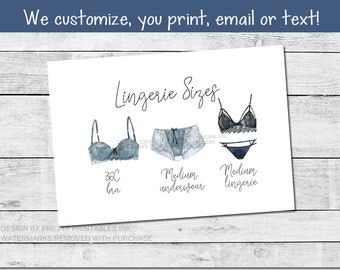 Lingerie Size Card Printable | Lingerie Size Insert | Bride's Measurements Card | Lingerie Shower Insert | Bra and Panty Size Card