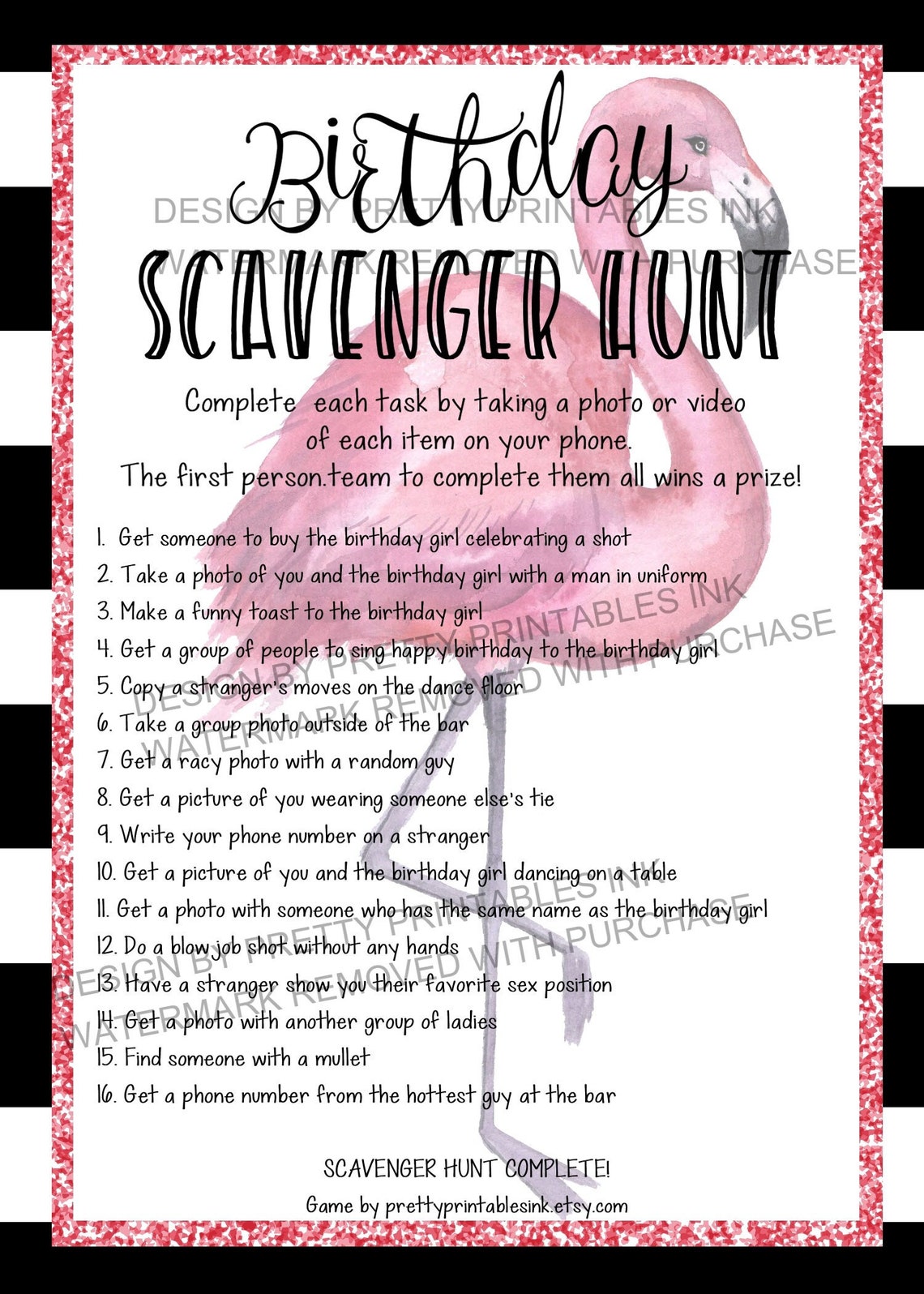 Printable Adult Scavenger Hunt Game Adult Flamingo Birthday - Etsy