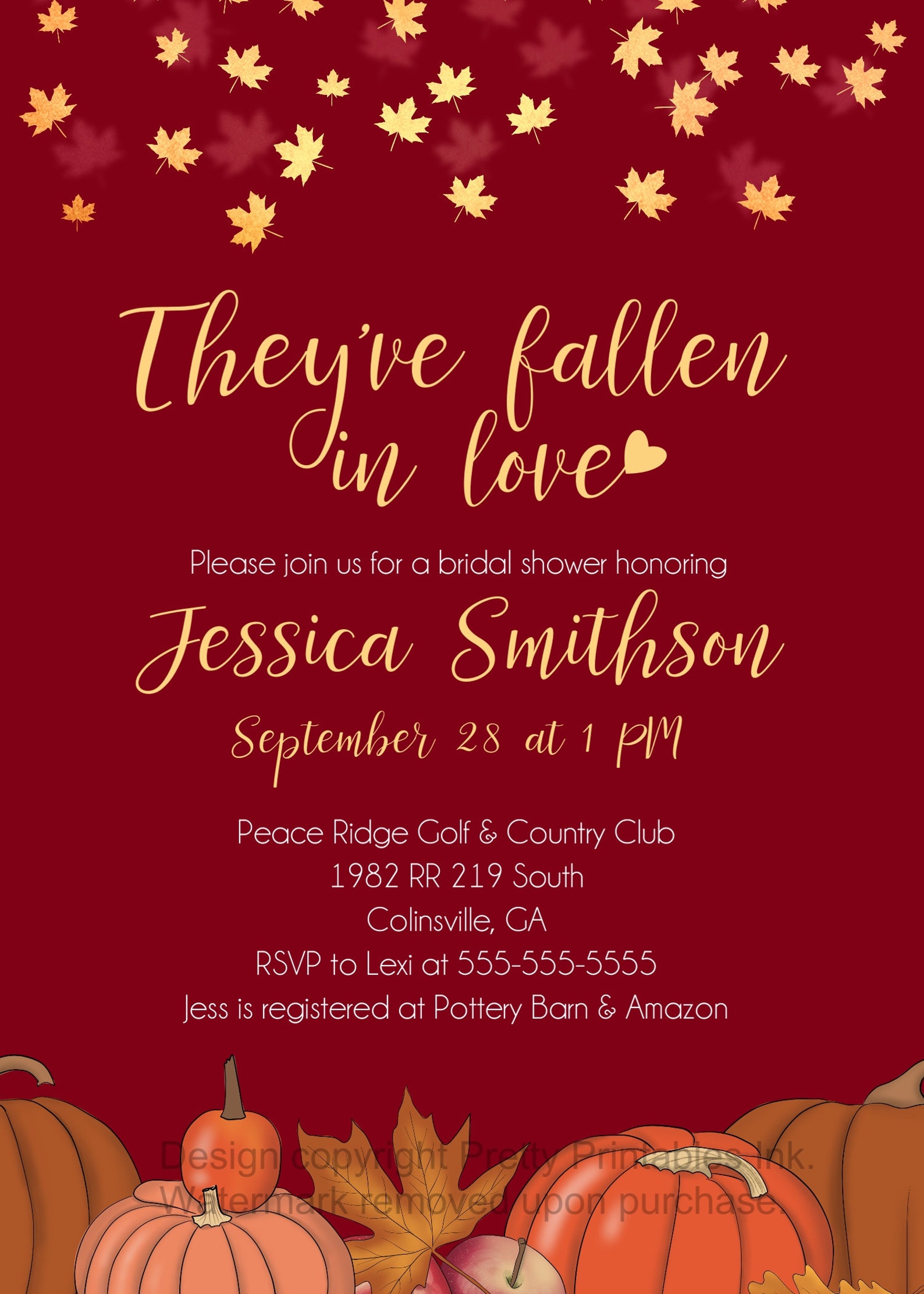 Fall Bridal Shower Invitation Printable Fall in Love Invite Etsy