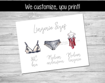 Lingerie Size Card Printable | Lingerie Size Insert |  Bra Panty Size Card for Lingerie Shower Insert | Lingerie Insert Card